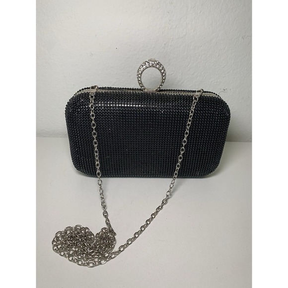 Vintage Black Beaded Flapper Clutch Rhinestone Ring Opener Accent Chain Strap - Picture 3 of 16